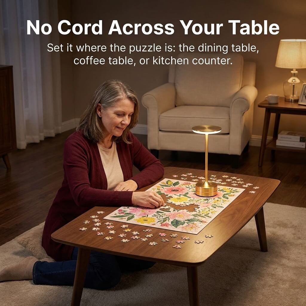 Cordless Cardora lamp used beside a puzzle